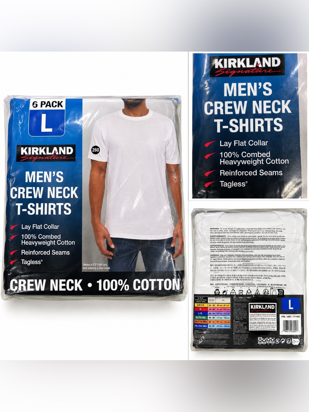 Kirkland Signature Mens 6 Pack Crew Neck T-Shirts White Heavyweight Cotton Large